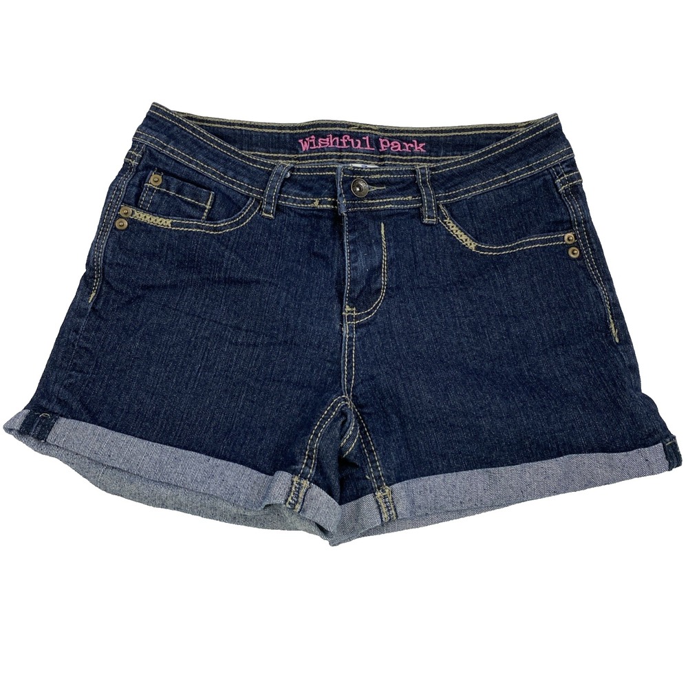 Wishful Park Jean Shorts Junior 7 Dark Wash Roll Up Stretch Low Rise 3.5" Inseam